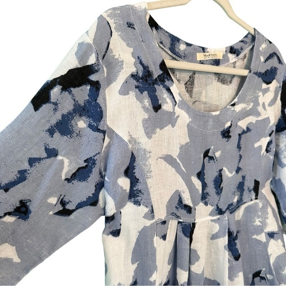 WoolOvers Womens Linen Tunic Dress Blue White Lagenlook Print Pockets Size 10 - Picture 7 of 12